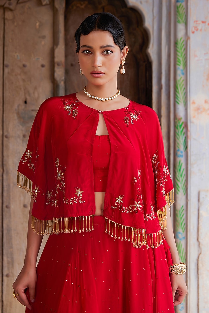 Red Soft Chiffon Wedding Lehenga Set by Geroo Jaipur at Pernia's Pop Up Shop