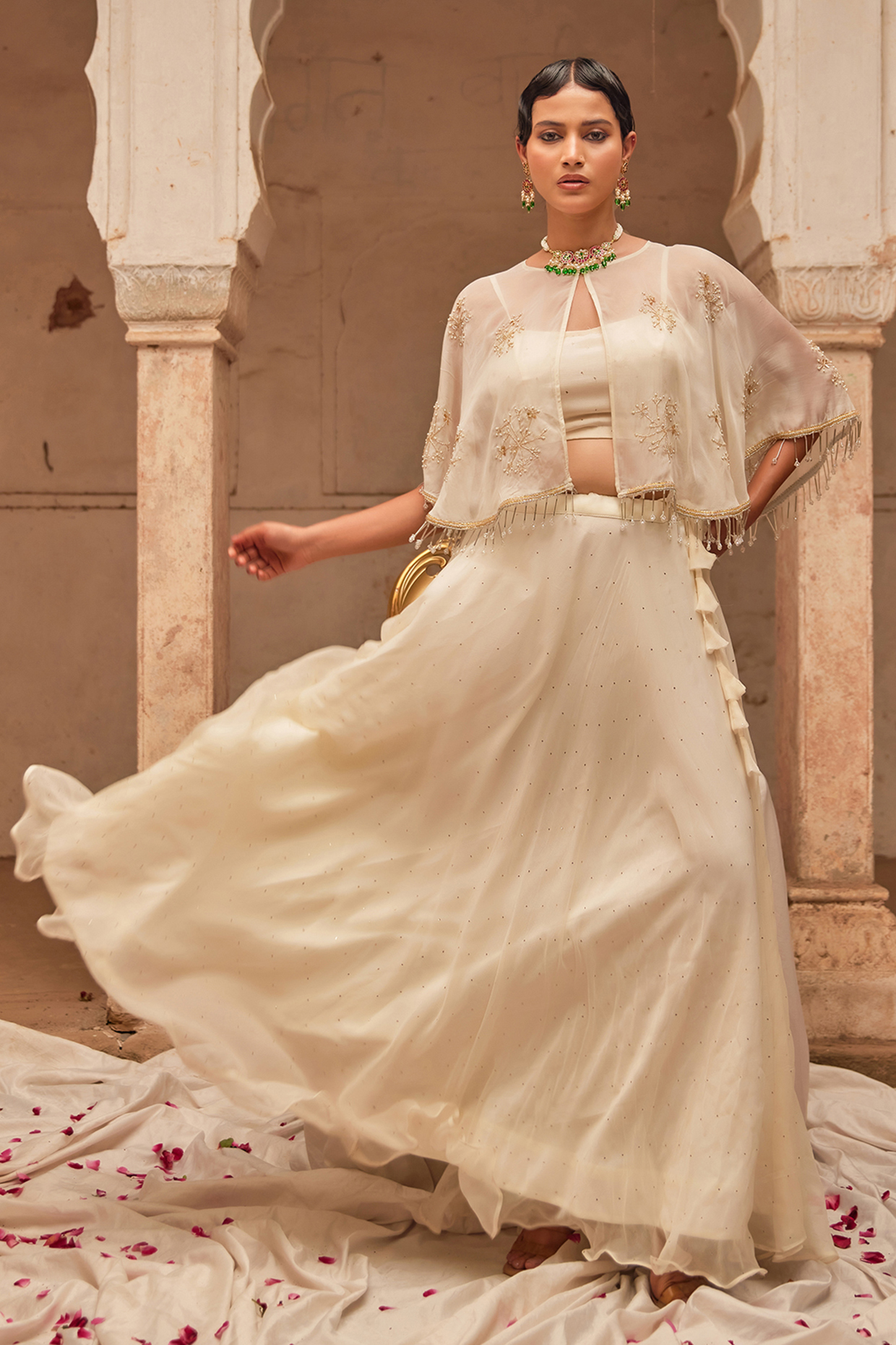 Off-White Soft Chiffon Wedding Lehenga Set by Geroo Jaipur at Pernia's Pop Up Shop