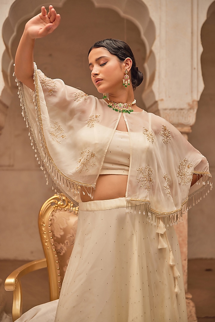 Off-White Soft Chiffon Wedding Lehenga Set by Geroo Jaipur at Pernia's Pop Up Shop