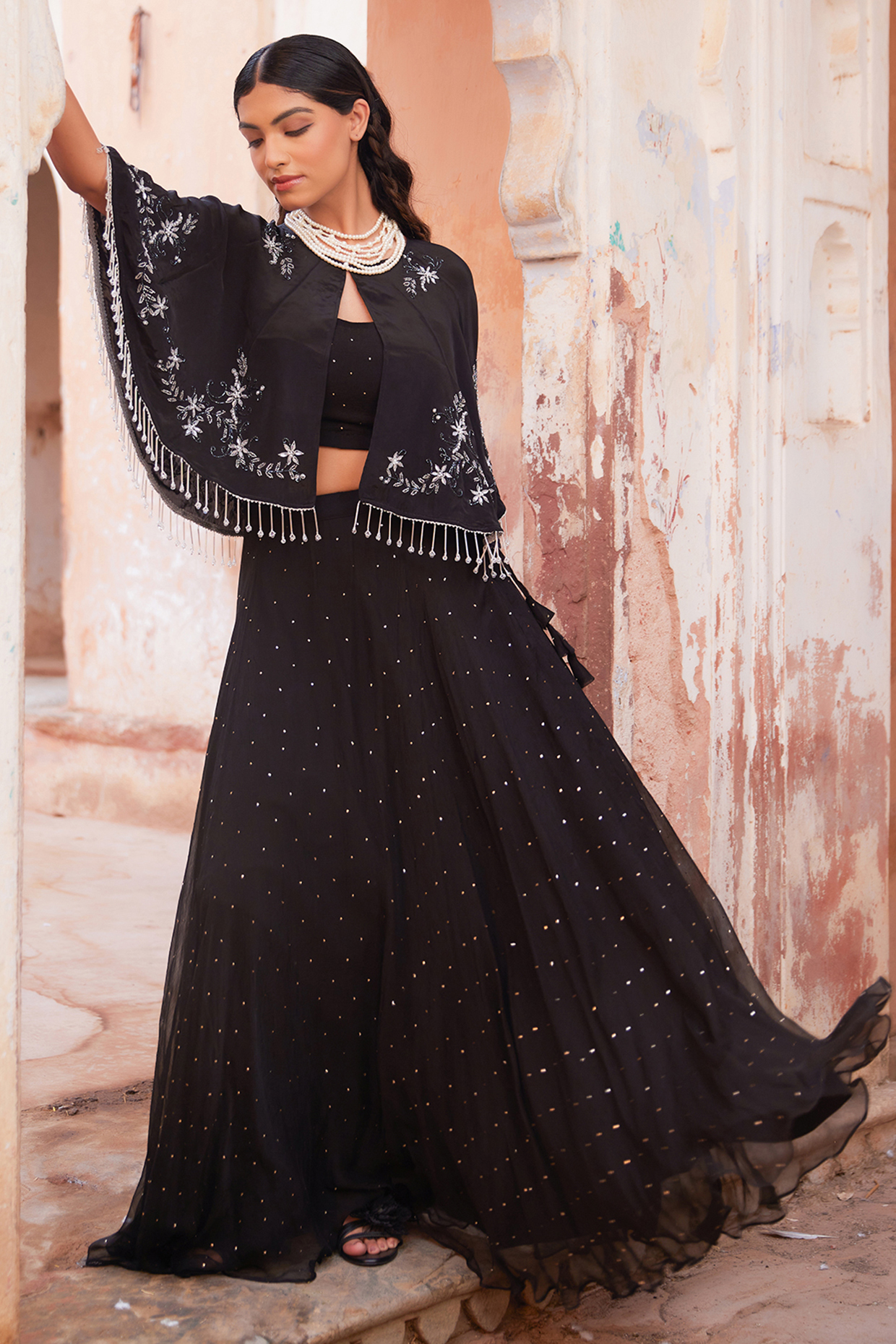 Black Soft Chiffon Wedding Lehenga Set by Geroo Jaipur at Pernia's Pop Up Shop