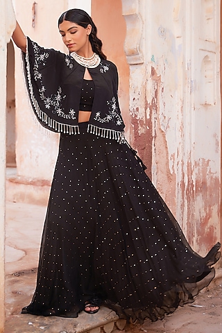 Black Soft Chiffon Lehenga Set by Geroo Jaipur