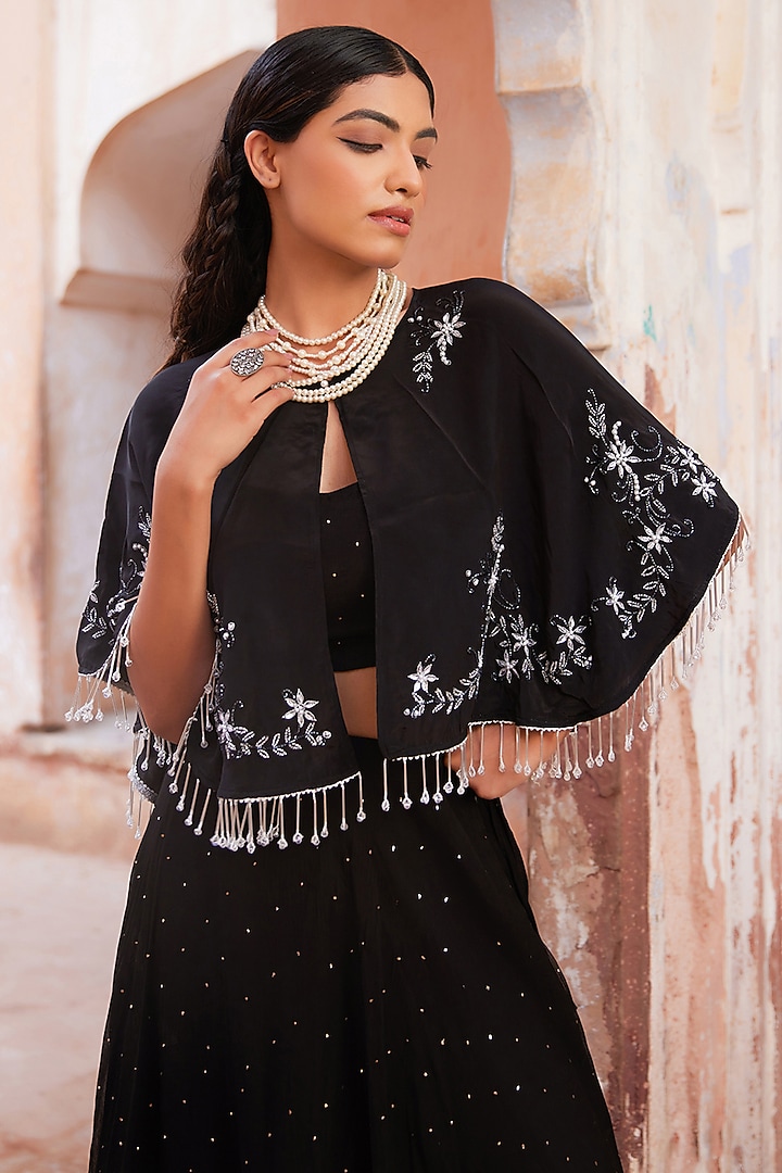 Black Soft Chiffon Wedding Lehenga Set by Geroo Jaipur at Pernia's Pop Up Shop