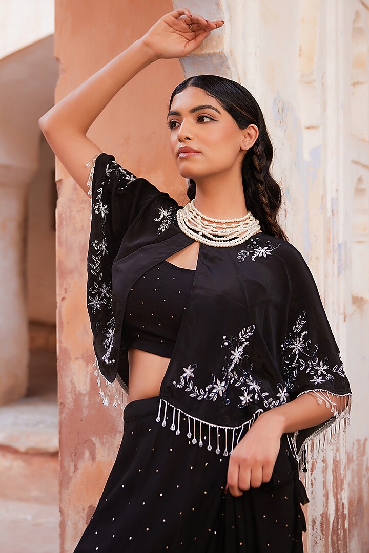 Black Soft Chiffon Wedding Lehenga Set by Geroo Jaipur at Pernia's Pop Up Shop