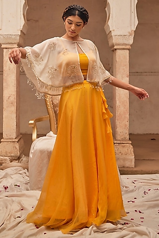 Yellow Soft Chiffon Lehenga Set by Geroo Jaipur