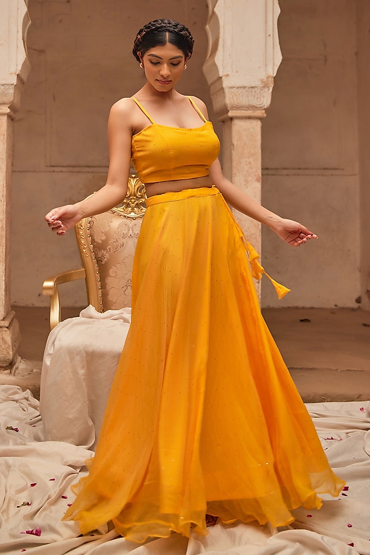 Yellow Soft Chiffon Wedding Lehenga Set by Geroo Jaipur at Pernia's Pop Up Shop
