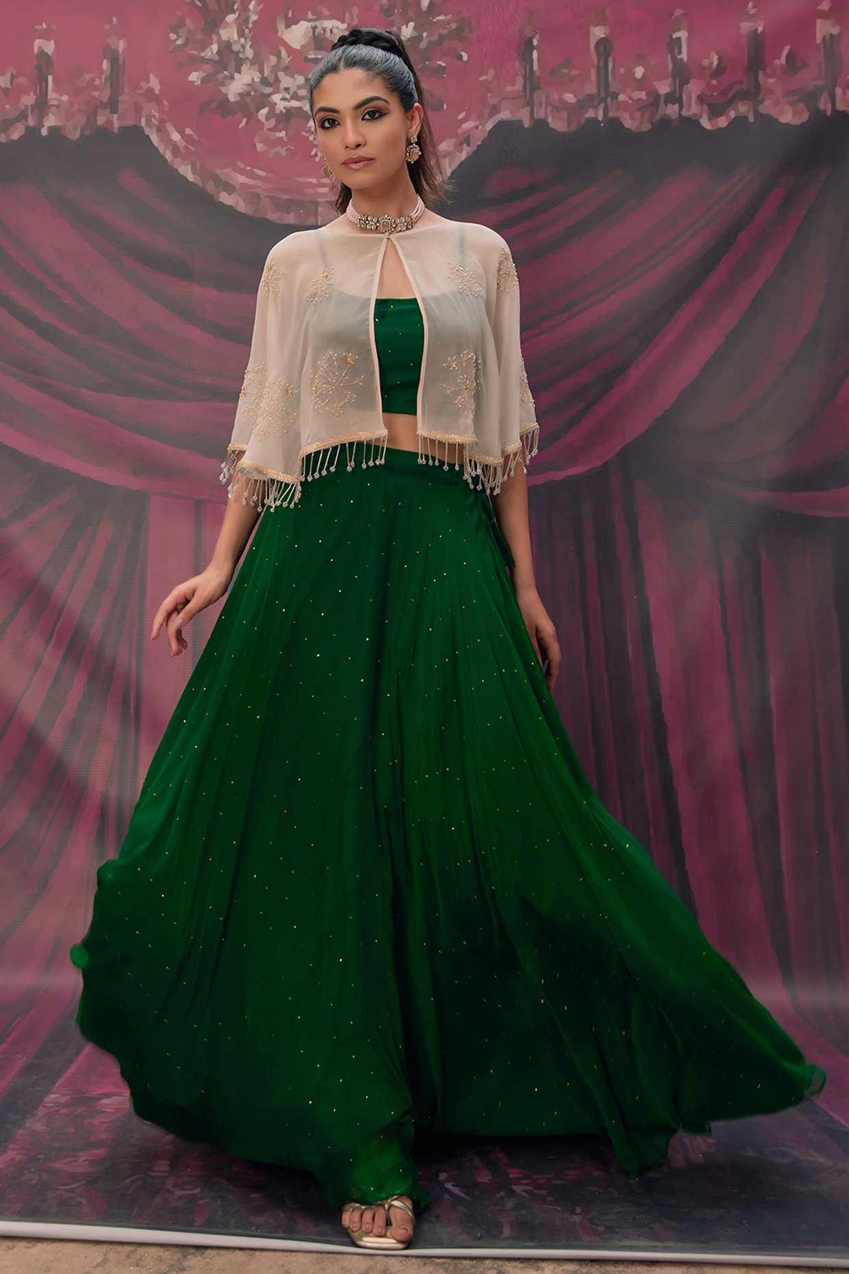 Green Soft Chiffon Wedding Lehenga Set by Geroo Jaipur at Pernia's Pop Up Shop