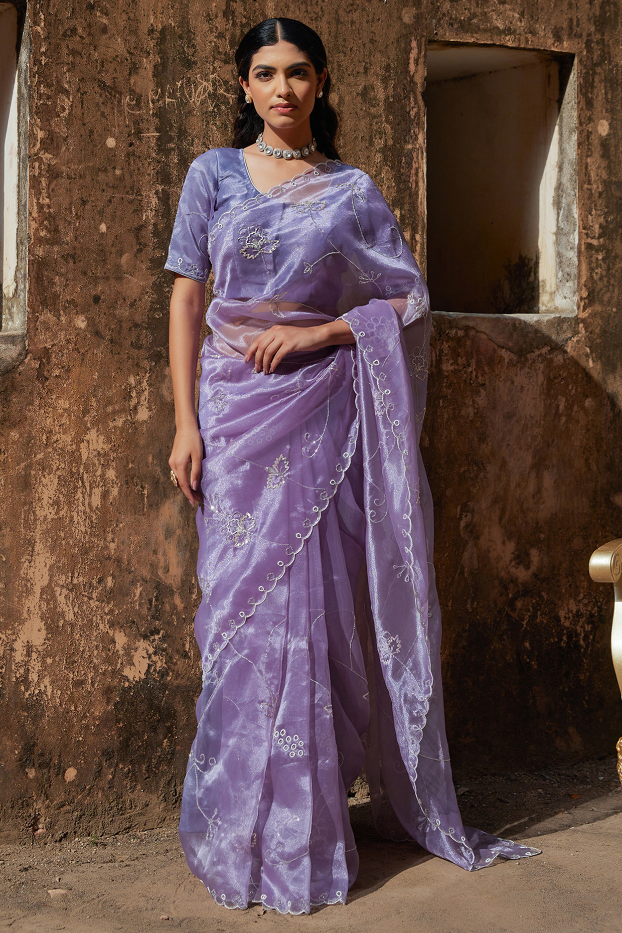 Mauve Tissue Hand Embroidered Wedding Saree Set by Geroo Jaipur at Pernia's Pop Up Shop