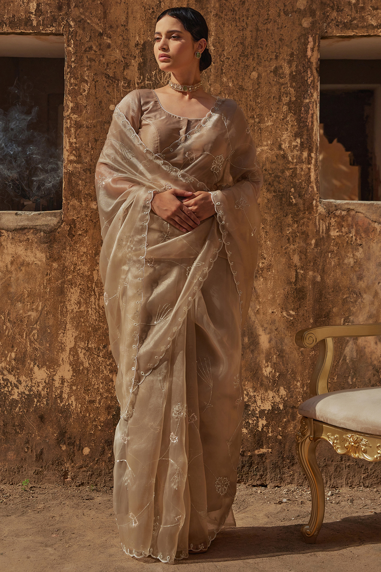 Metallic Taupe Tissue Hand Embroidered Wedding Saree Set by Geroo Jaipur at Pernia's Pop Up Shop