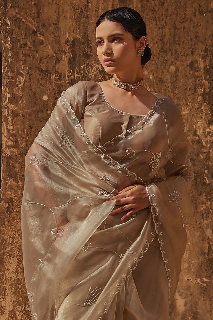 Metallic Taupe Tissue Hand Embroidered Wedding Saree Set by Geroo Jaipur at Pernia's Pop Up Shop