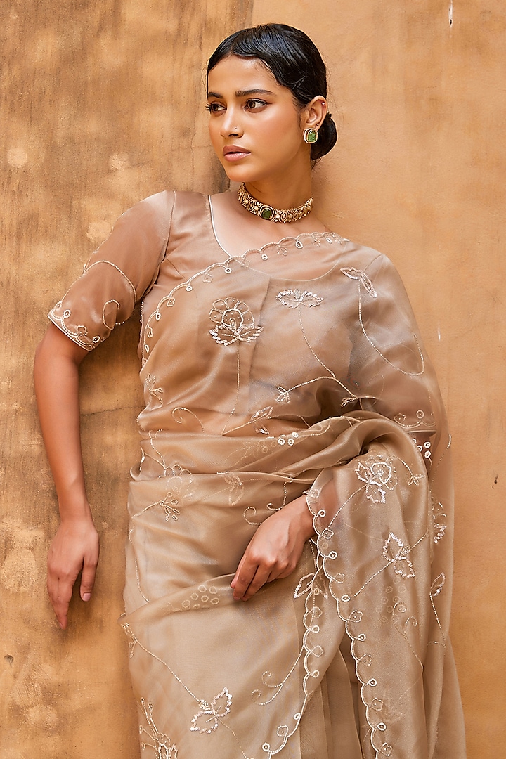 Metallic Taupe Tissue Hand Embroidered Wedding Saree Set by Geroo Jaipur at Pernia's Pop Up Shop