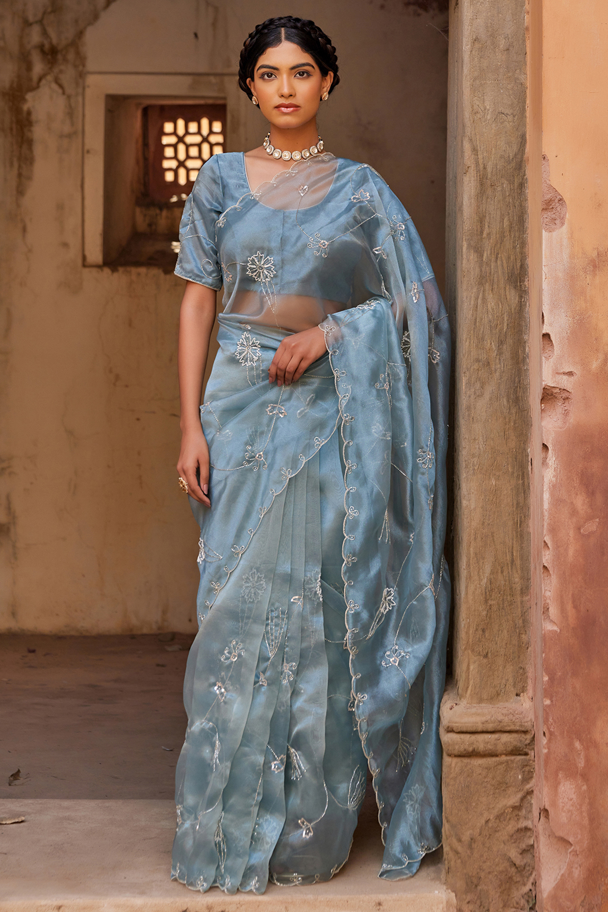 Blue Tissue Sequins Embroidered Wedding Saree Set by Geroo Jaipur at Pernia's Pop Up Shop