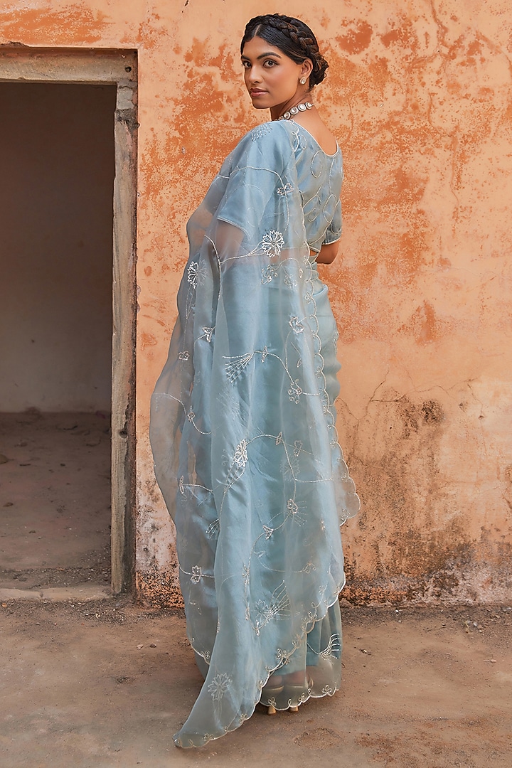 Blue Tissue Sequins Embroidered Wedding Saree Set by Geroo Jaipur at Pernia's Pop Up Shop