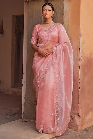 Peach Tissue Pearl Handwork Saree Set by Geroo Jaipur