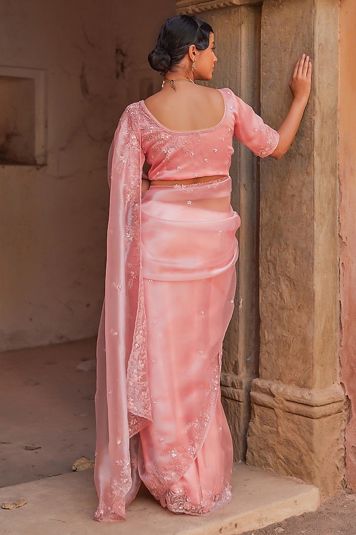 Peach Tissue Pearl Handwork Wedding Saree Set by Geroo Jaipur at Pernia's Pop Up Shop