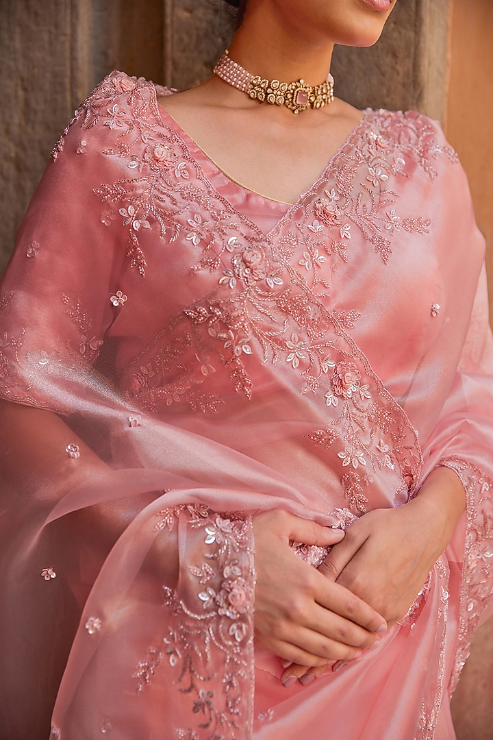 Peach Tissue Pearl Handwork Wedding Saree Set by Geroo Jaipur at Pernia's Pop Up Shop