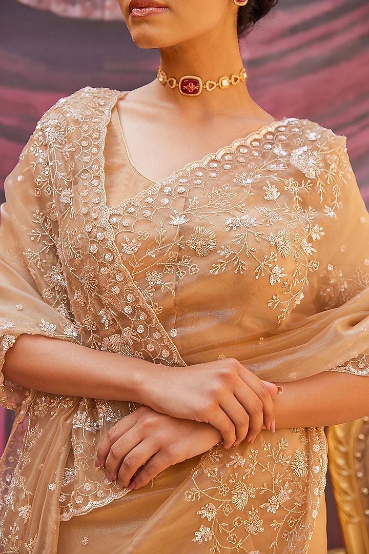 Champagne Gold Tissue Embroidered Wedding Saree Set by Geroo Jaipur at Pernia's Pop Up Shop