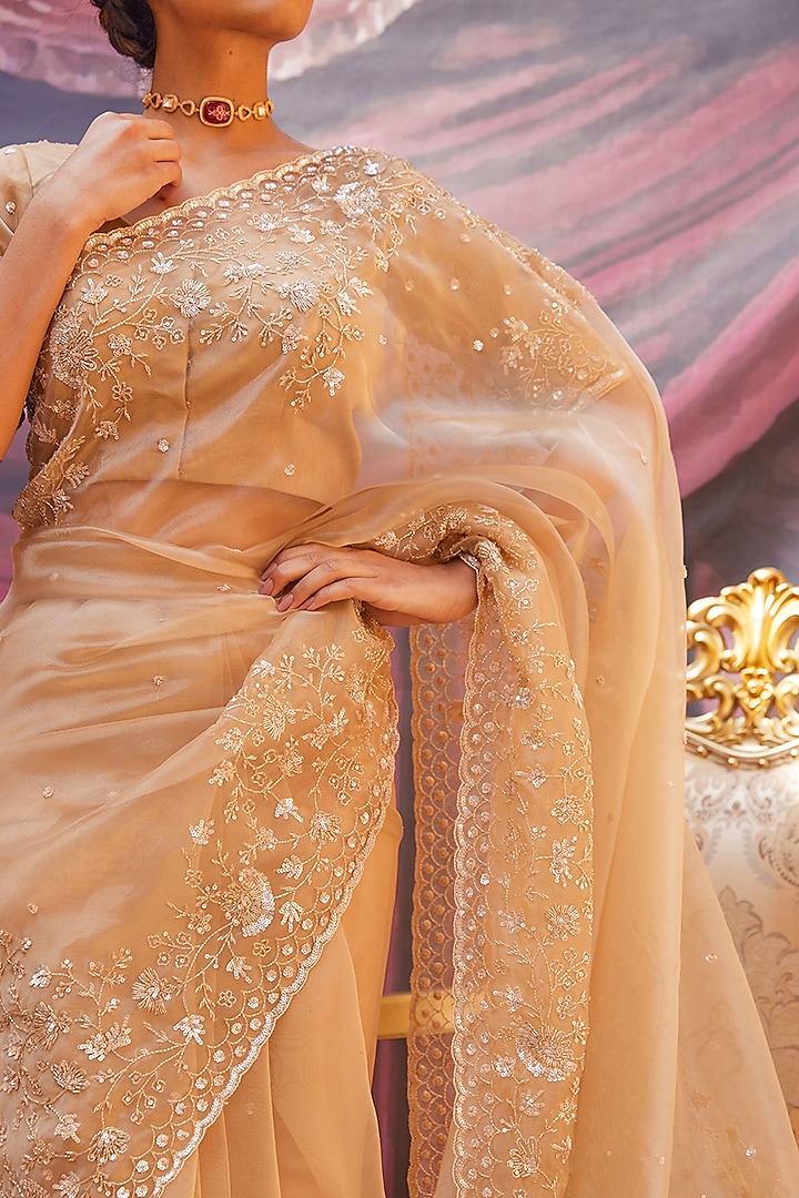 Champagne Gold Tissue Embroidered Wedding Saree Set by Geroo Jaipur at Pernia's Pop Up Shop