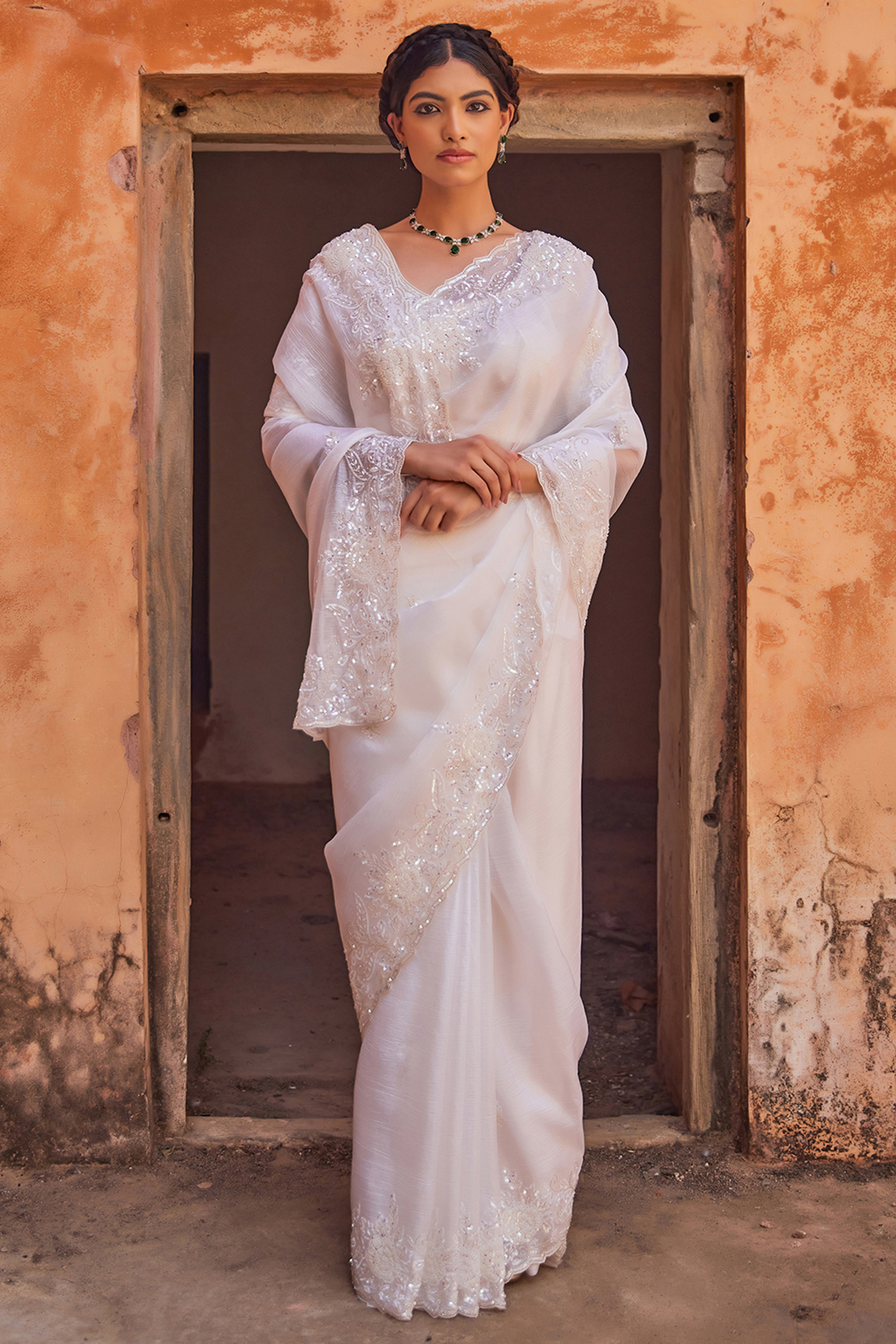 White Tissue Hand Embroidered Wedding Saree Set by Geroo Jaipur at Pernia's Pop Up Shop