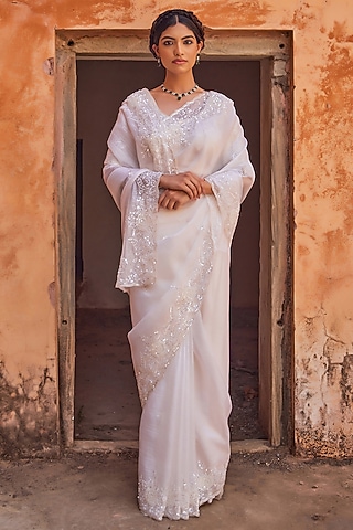 White Tissue Hand Embroidered Saree Set by Geroo Jaipur