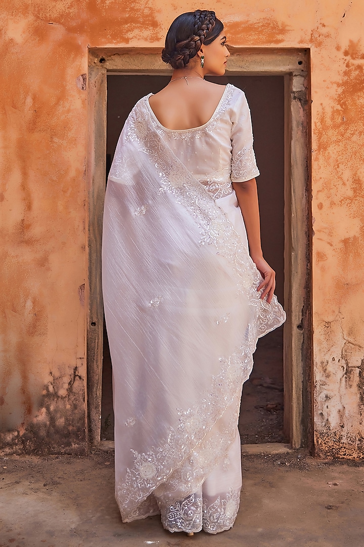White Tissue Hand Embroidered Wedding Saree Set by Geroo Jaipur at Pernia's Pop Up Shop