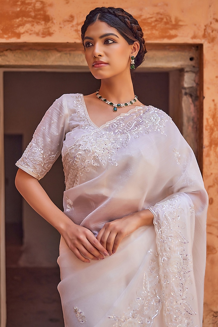White Tissue Hand Embroidered Wedding Saree Set by Geroo Jaipur at Pernia's Pop Up Shop