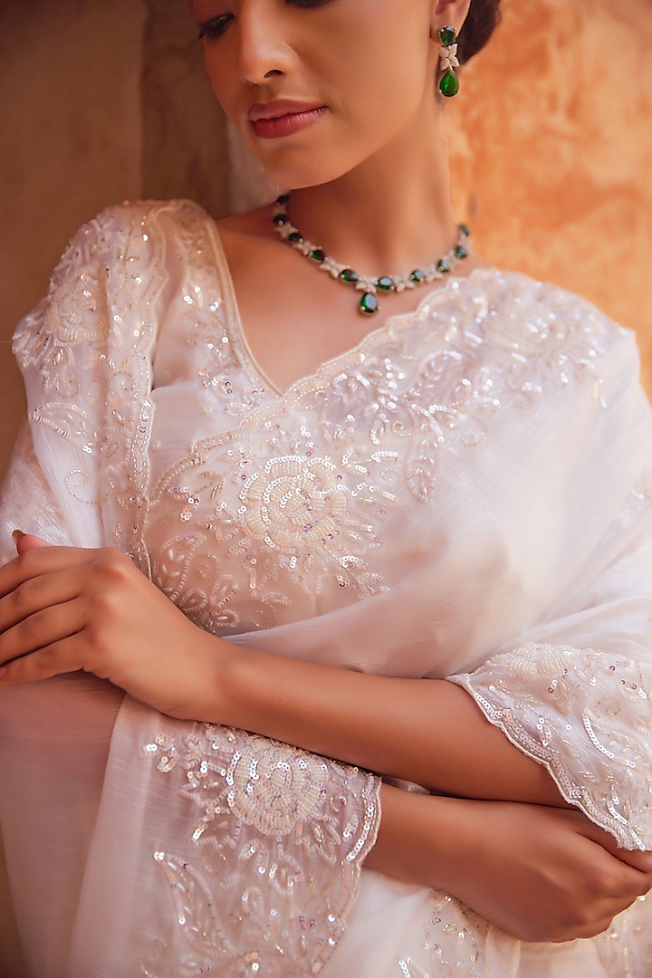 White Tissue Hand Embroidered Wedding Saree Set by Geroo Jaipur at Pernia's Pop Up Shop