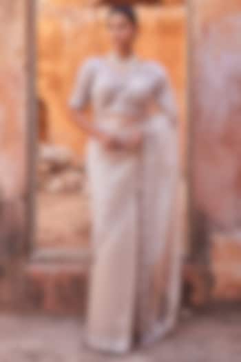 Dusty Silver Tissue Hand Embroidered Sheer Wedding Saree Set by Geroo Jaipur at Pernia's Pop Up Shop