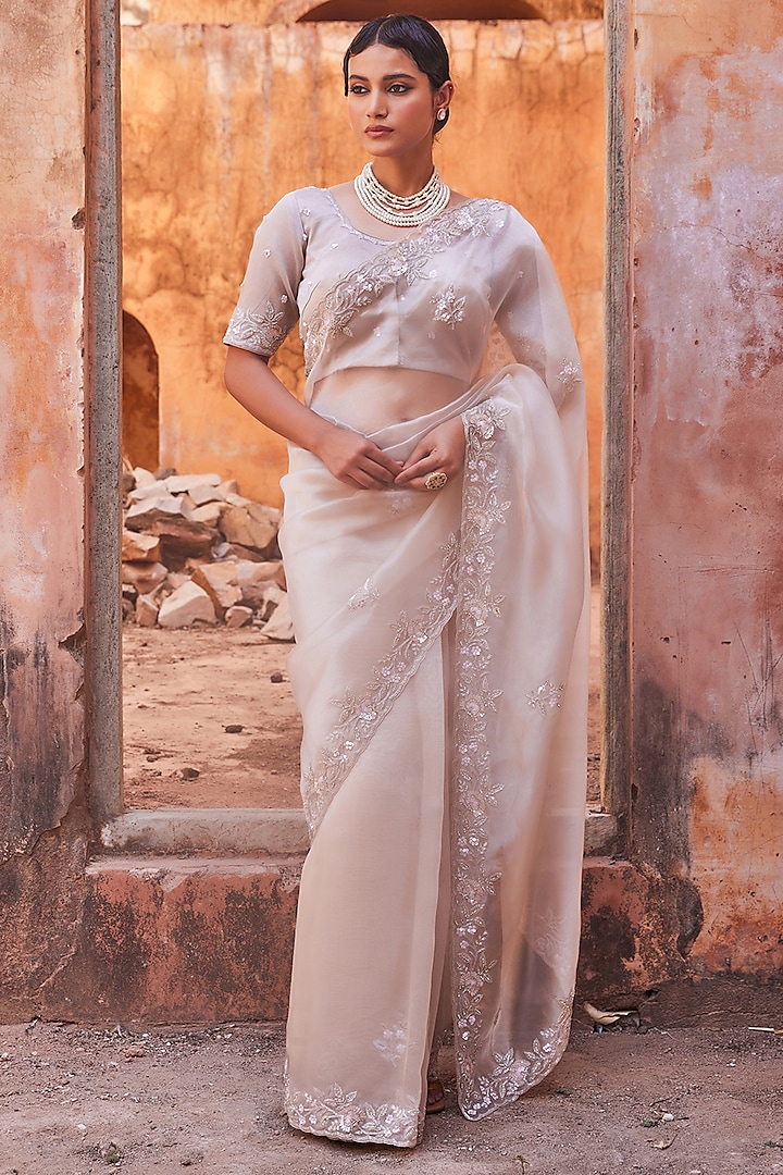 Dusty Silver Tissue Hand Embroidered Sheer Wedding Saree Set by Geroo Jaipur at Pernia's Pop Up Shop