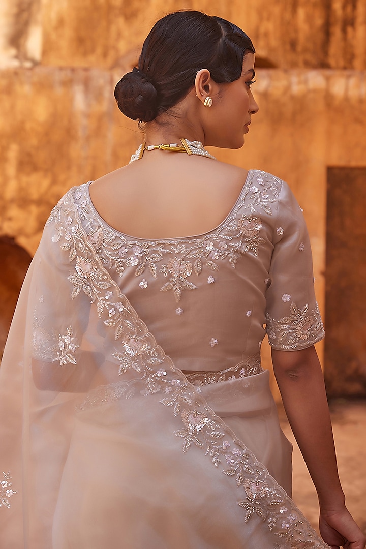 Dusty Silver Tissue Hand Embroidered Sheer Wedding Saree Set by Geroo Jaipur at Pernia's Pop Up Shop
