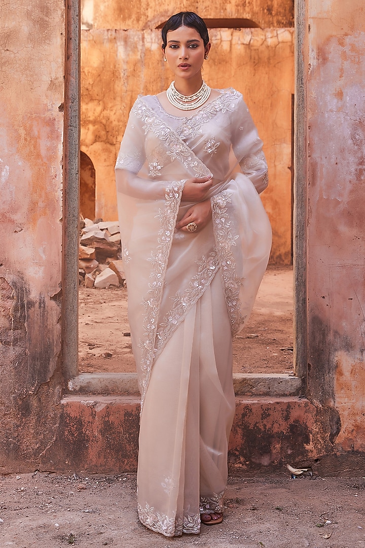 Dusty Silver Tissue Hand Embroidered Sheer Wedding Saree Set by Geroo Jaipur at Pernia's Pop Up Shop