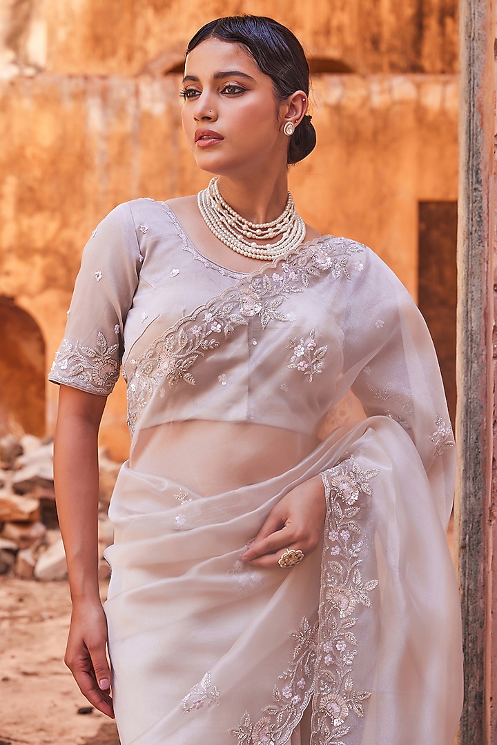 Dusty Silver Tissue Hand Embroidered Sheer Wedding Saree Set by Geroo Jaipur at Pernia's Pop Up Shop