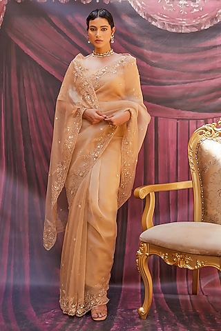 Antique Gold Tissue Hand Embroidered Saree Set by Geroo Jaipur
