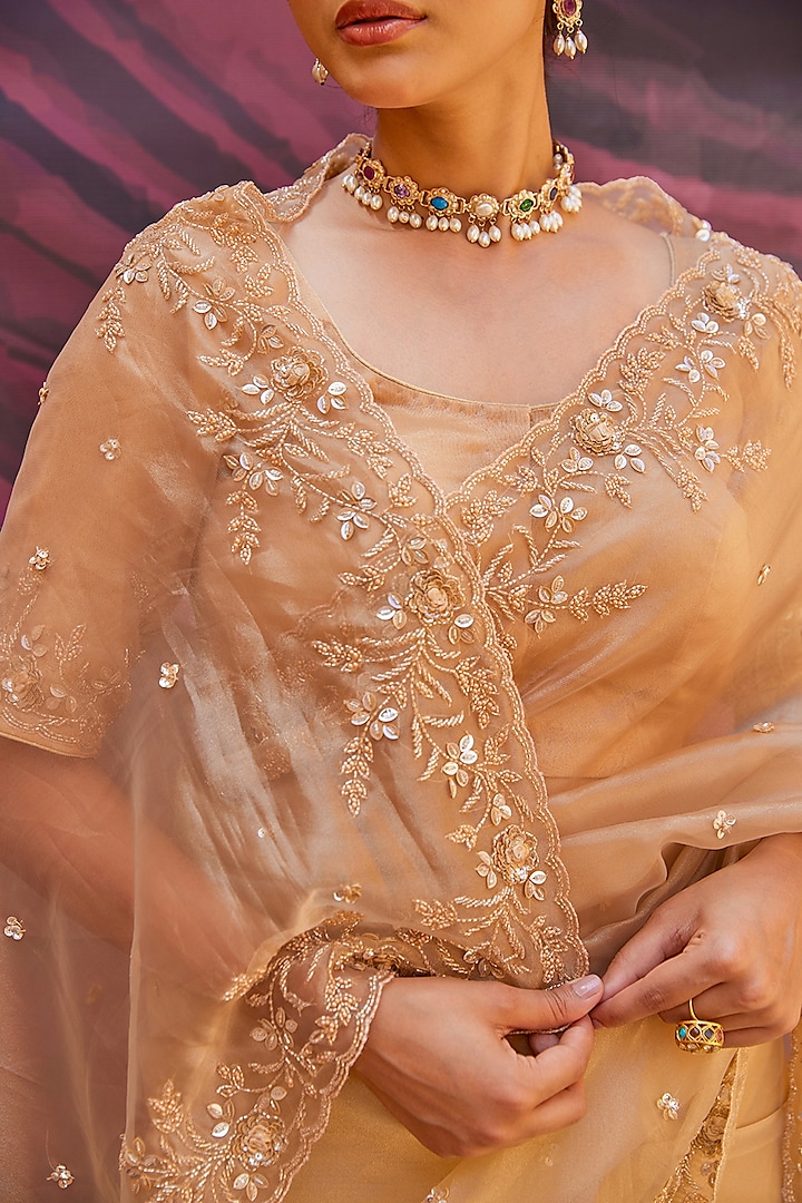 Antique Gold Tissue Hand Embroidered Wedding Saree Set by Geroo Jaipur at Pernia's Pop Up Shop