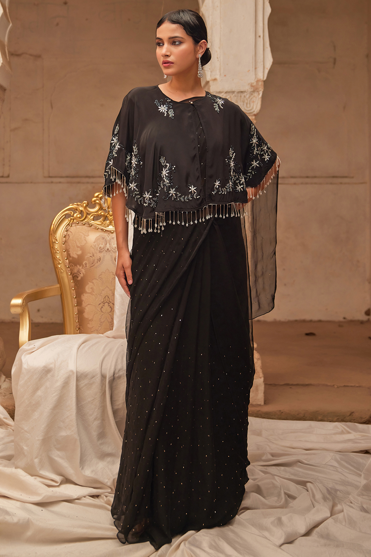Black Chiffon Mukaish Work Jacket Wedding Saree Set by Geroo Jaipur at Pernia's Pop Up Shop