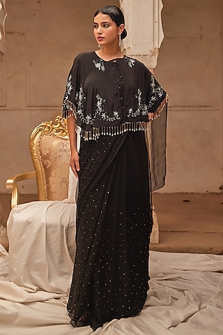Black Chiffon Mukaish Work Jacket Saree Set by Geroo Jaipur