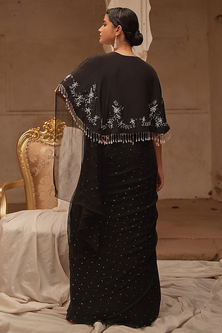 Black Chiffon Mukaish Work Jacket Wedding Saree Set by Geroo Jaipur at Pernia's Pop Up Shop