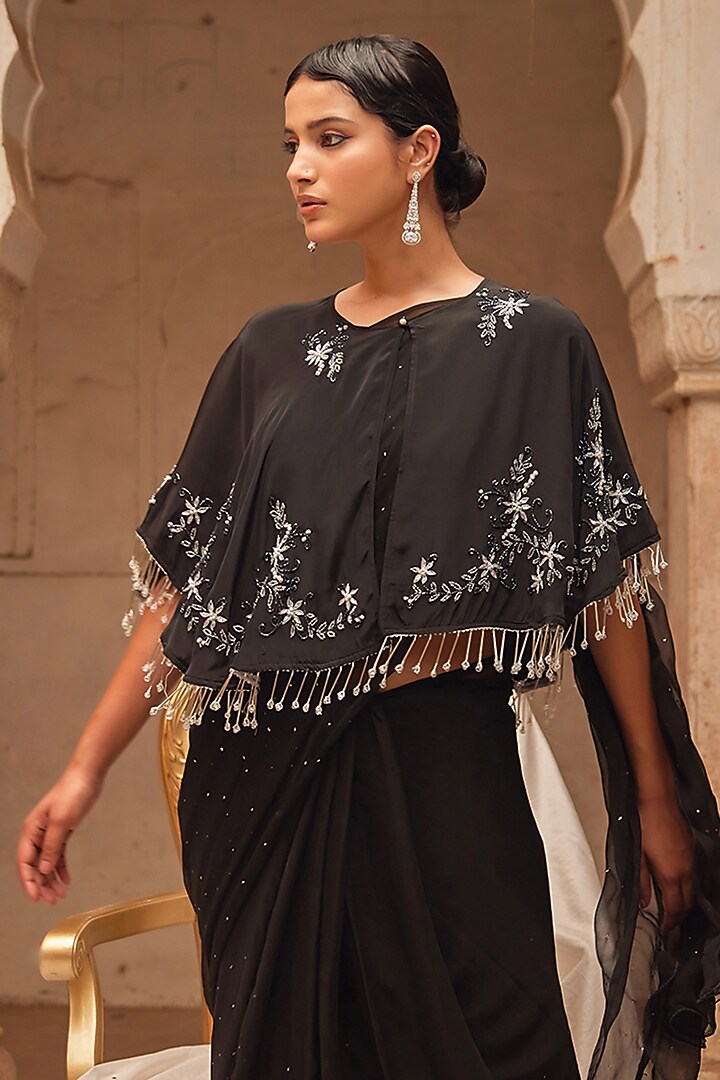 Black Chiffon Mukaish Work Jacket Wedding Saree Set by Geroo Jaipur at Pernia's Pop Up Shop