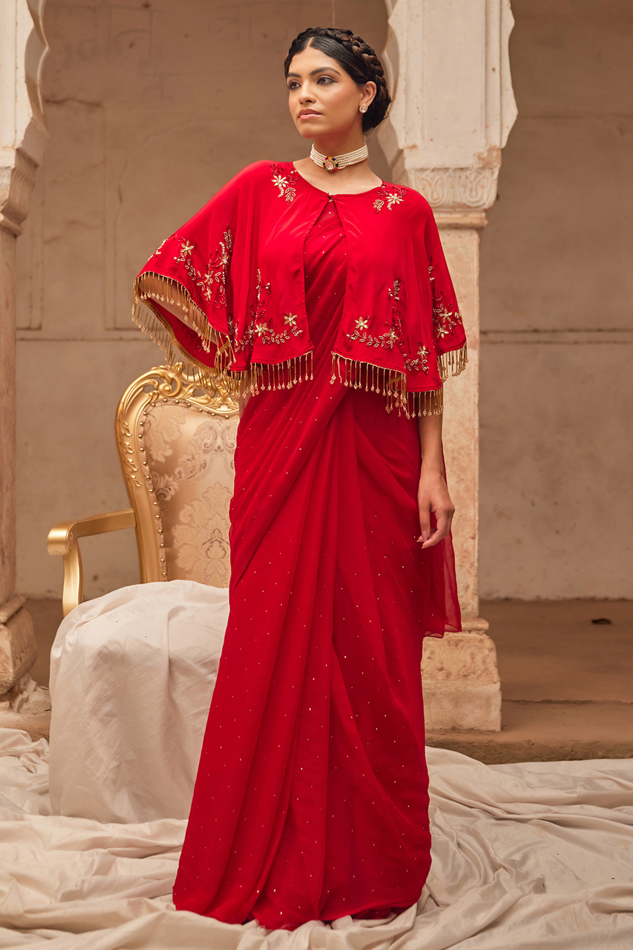 Red Chiffon Mukaish Work Jacket Wedding Saree Set by Geroo Jaipur at Pernia's Pop Up Shop