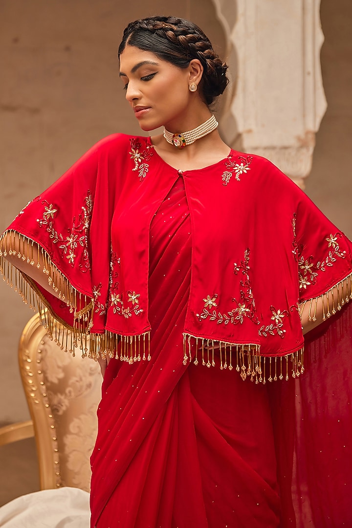 Red Chiffon Mukaish Work Jacket Wedding Saree Set by Geroo Jaipur at Pernia's Pop Up Shop