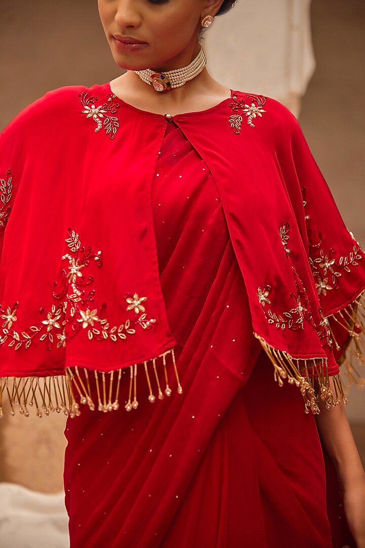 Red Chiffon Mukaish Work Jacket Wedding Saree Set by Geroo Jaipur at Pernia's Pop Up Shop