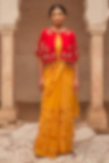 Yellow Chiffon Hand Embroidered Jacket Wedding Saree Set by Geroo Jaipur at Pernia's Pop Up Shop
