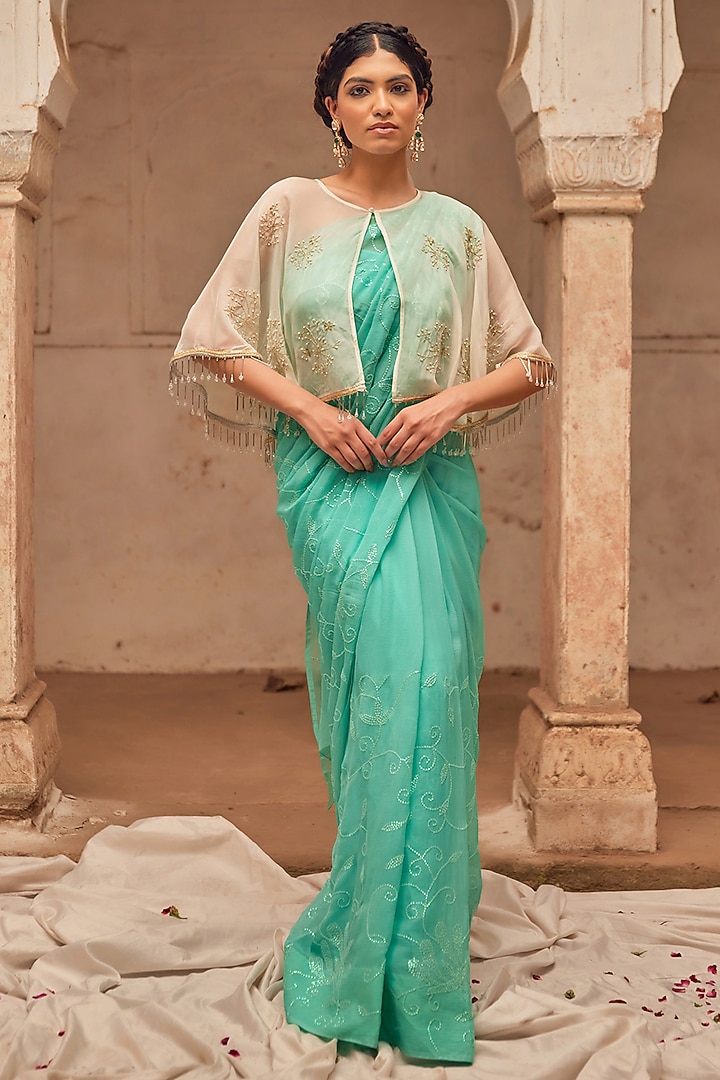 Aqua Blue Chiffon Hand Embroidered Jacket Wedding Saree Set by Geroo Jaipur at Pernia's Pop Up Shop