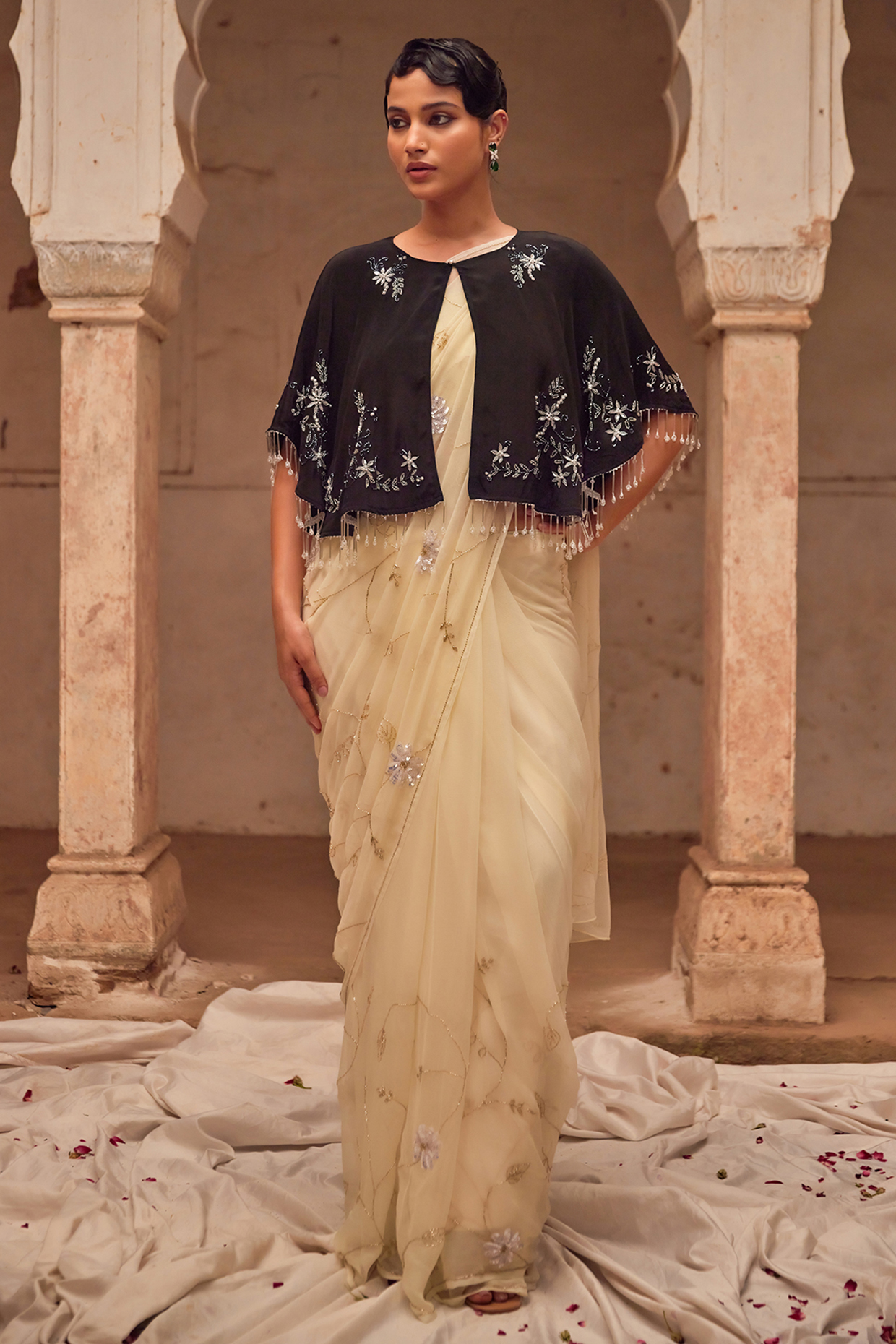 Off-White Chiffon Hand Embroidered Jacket Wedding Saree Set by Geroo Jaipur at Pernia's Pop Up Shop