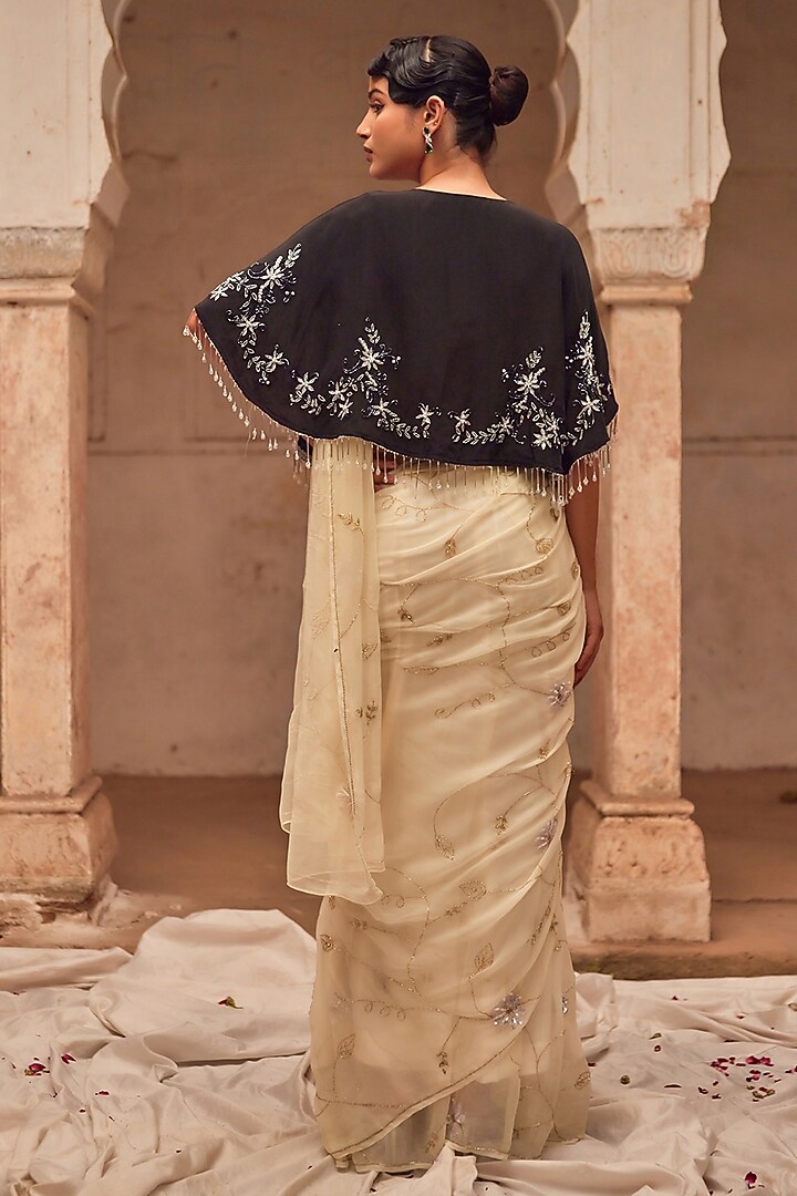 Off-White Chiffon Hand Embroidered Jacket Wedding Saree Set by Geroo Jaipur at Pernia's Pop Up Shop