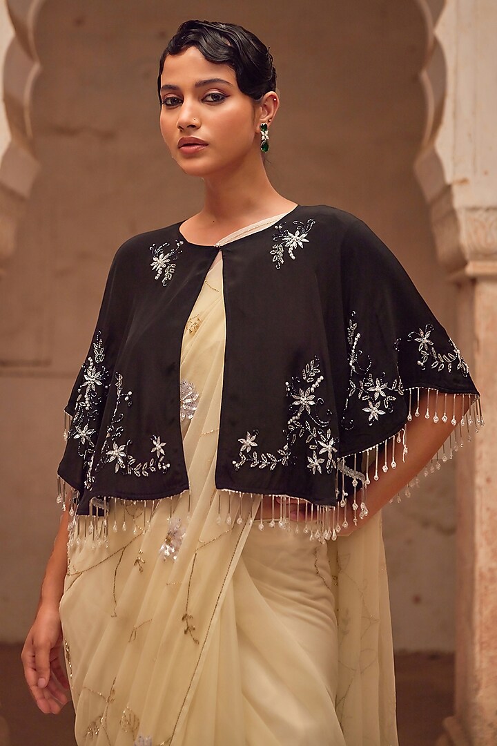 Off-White Chiffon Hand Embroidered Jacket Wedding Saree Set by Geroo Jaipur at Pernia's Pop Up Shop