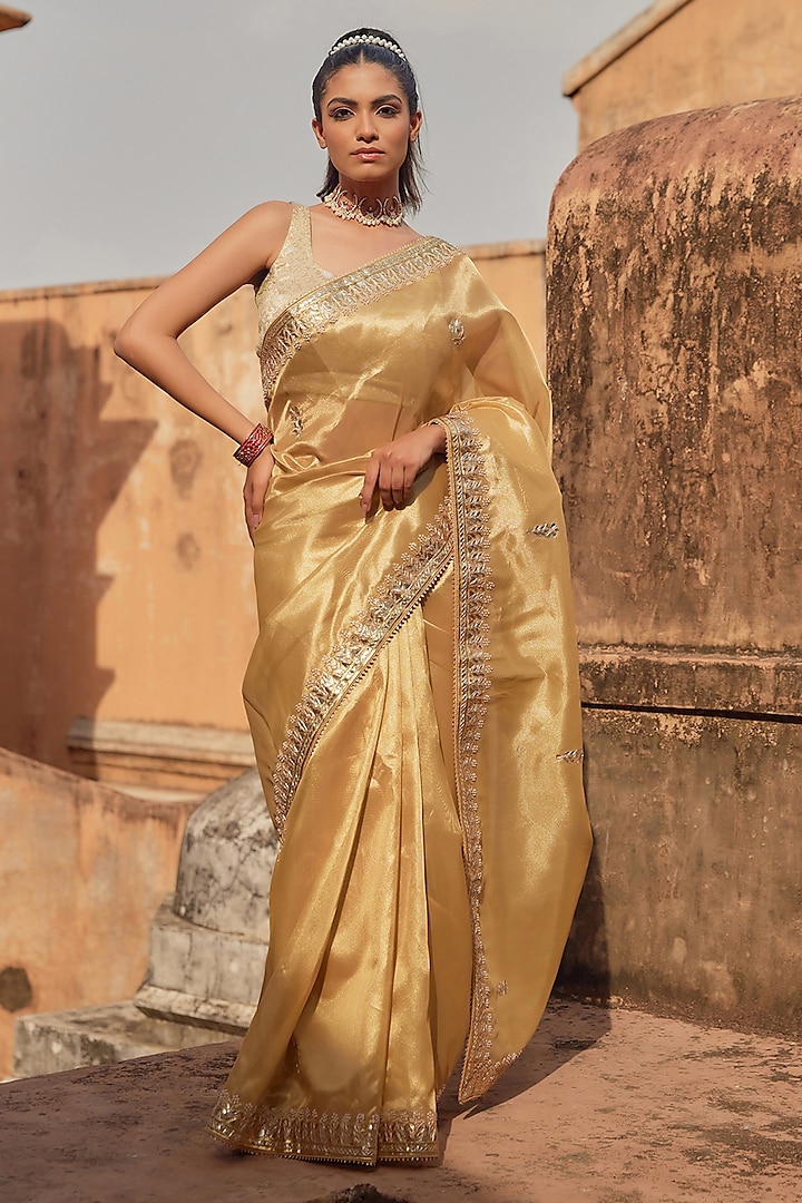 Golden Tissue Gota Patti & Pearl Work Wedding Saree Set by Geroo Jaipur at Pernia's Pop Up Shop