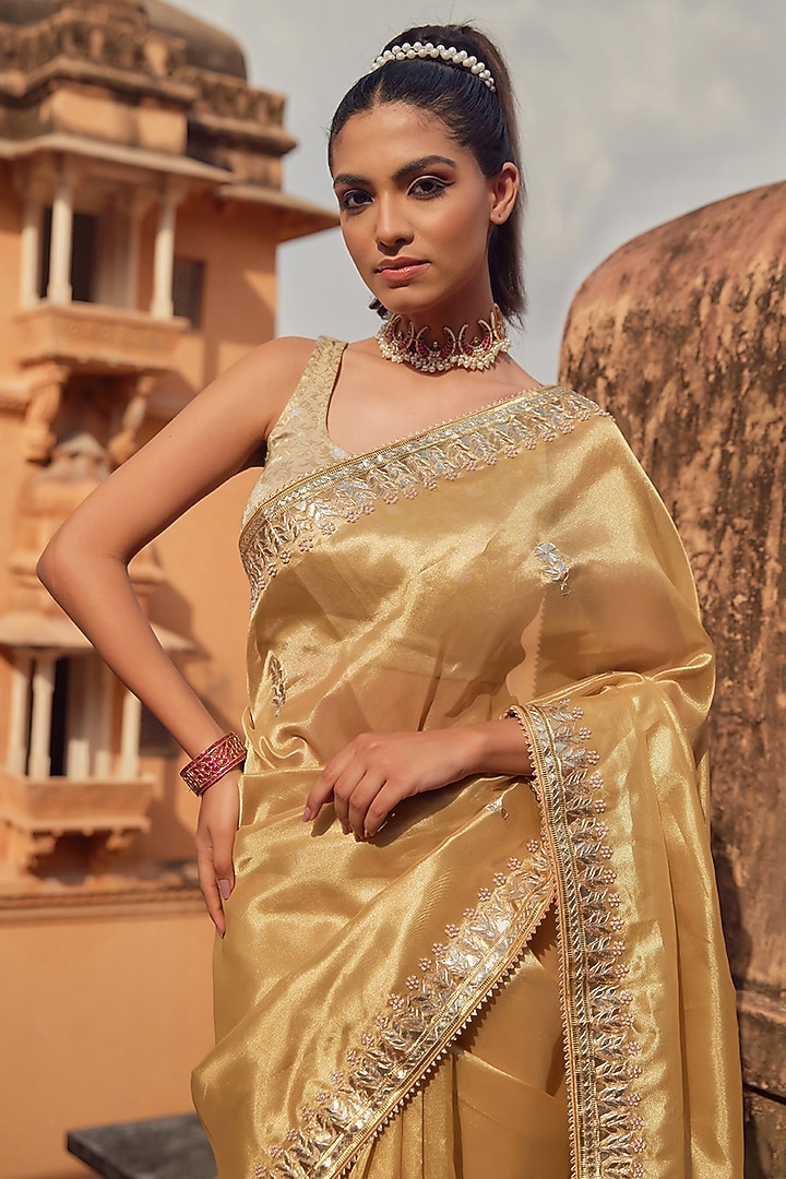Golden Tissue Gota Patti & Pearl Work Wedding Saree Set by Geroo Jaipur at Pernia's Pop Up Shop