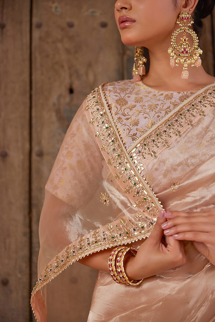 Rose Gold Tissue Hand Embellished Wedding Saree Set by Geroo Jaipur at Pernia's Pop Up Shop