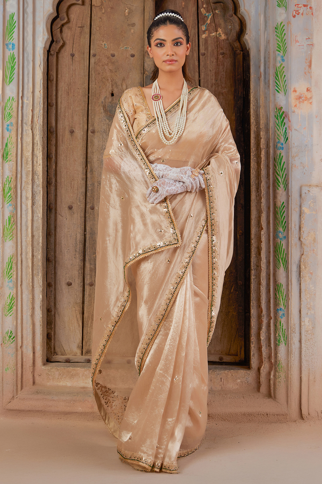 Golden Tissue Hand Embellished Wedding Saree Set by Geroo Jaipur at Pernia's Pop Up Shop