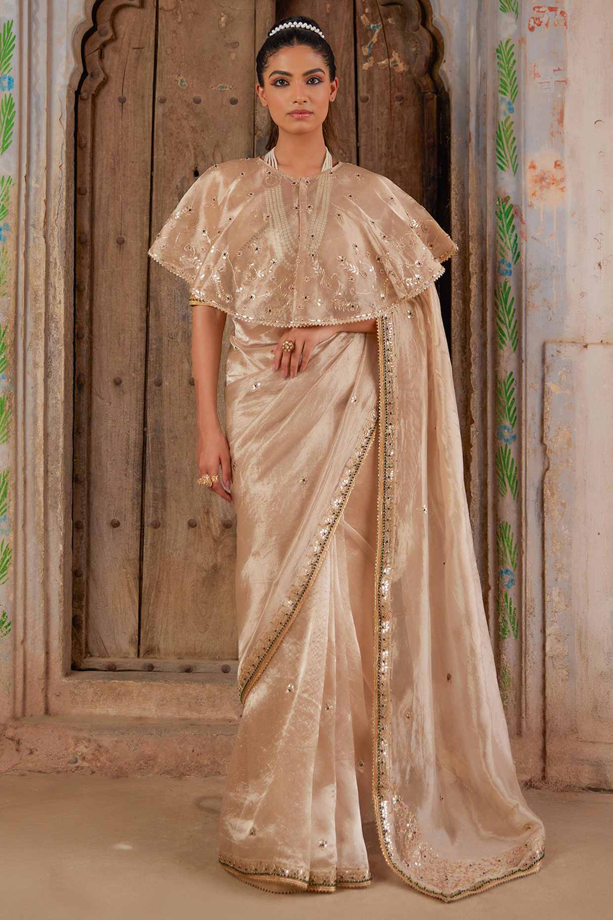 Gold Tissue Hand Embellished Jacket Reception Saree Set by Geroo Jaipur at Pernia's Pop Up Shop